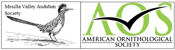 A black-and-white drawing of a roadrunner facing right with the words "Mesilla Valley Audubon society" and the logo for the American Ornithological Society. The lime green "AOS"  abbreviation is above the full name in black lettering, with a v-shaped bird in front.