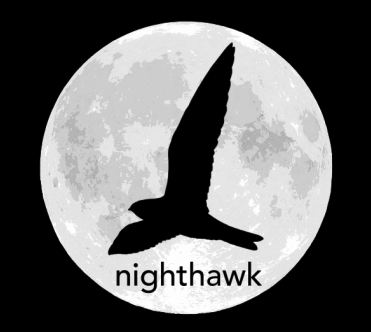 Shows the silhouette of a bird in flight, wings outstretched, flying to the left, in front of a full moon. the text below the bird reads: "nighthawk"