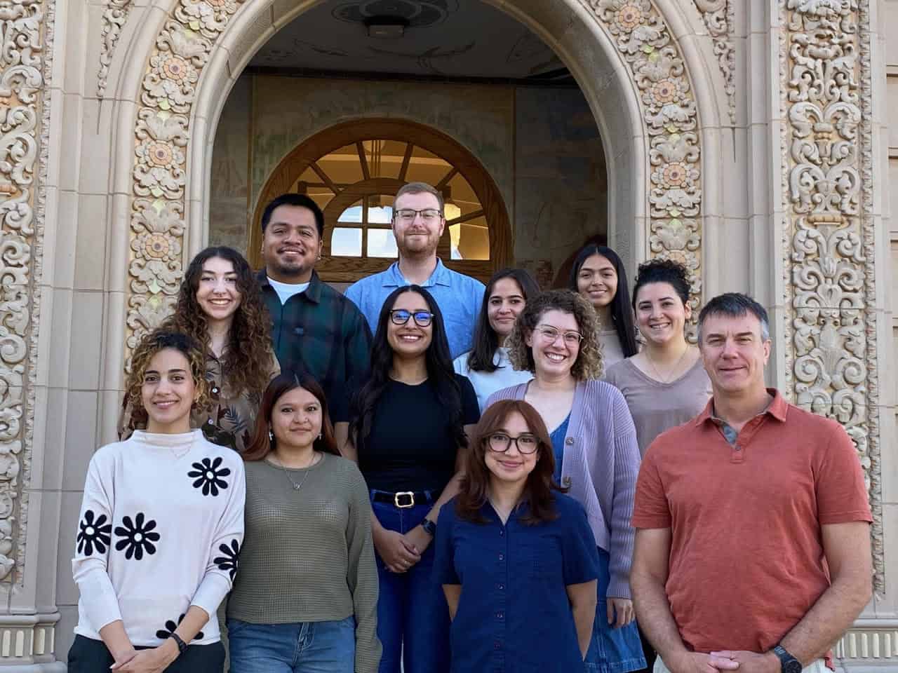 Wright Lab, Fall 2025 Top row (L-R) Dylan Osterhaus, Amyliah Piña. Third row (L-R): Eriberto Osorio, Juliemar Cuevas-Hernandez, Coral Matos. Second row (L-R): Jules Diaz, Alondra Villalba, Whitney Watson. Bottom row (L-R): Negin Jazi, Alyssa Hernandez, Brynn Mora, Tim Wright. Missing: Jodie Jawor, Juliemar’s glasses.